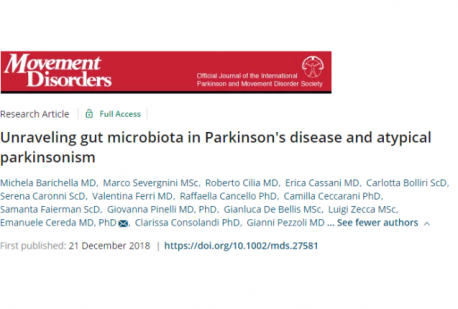 ARTICOLO MICROBIOTA PUBBLICATO SU MOVEMENT DISORDERS